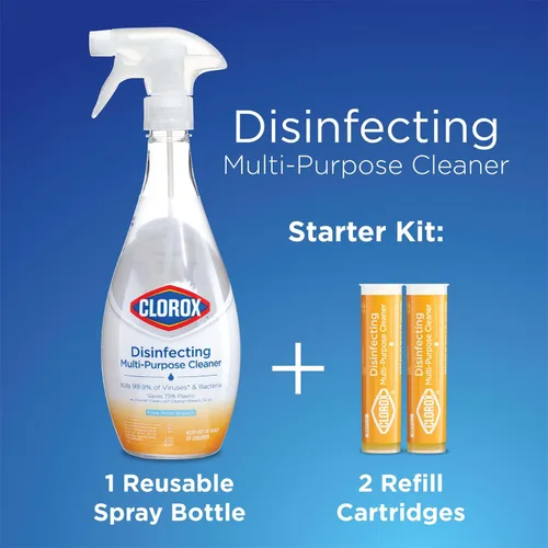 Vista 5 de Clorox - Kit de inicio de limpiador desinfectante multiusos, esenciales para el hogar, una botella de spray reutilizable más 2 repuestos