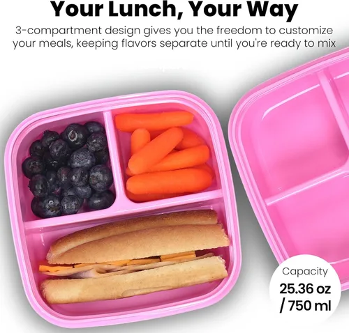 Vista 4 de Yoobi - Caja Bento rosa y paquete de hielo, 3 compartimentos, a prueba de fugas, snack 3-Compartment Design, Leakproof, BPA & PVC Free, Dishwasher