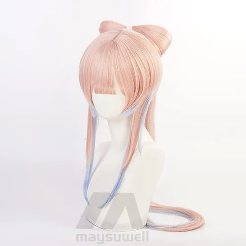 Vista 2 de Peluca de anime Genshin Impact Cosplay peluca Sangonomiya Kokomi de pelo largo rosa azul con gorra de peluca gratis para cómic, espectáculo