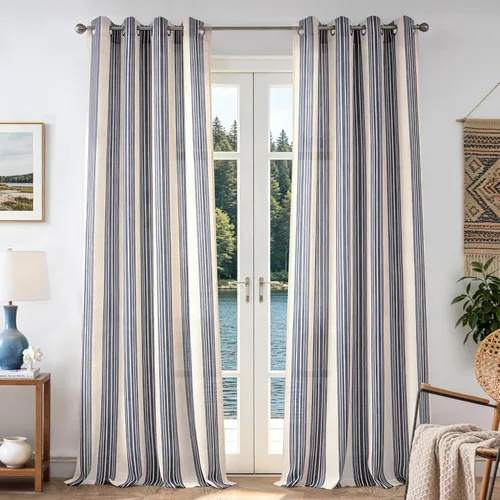 Vista 111 de DriftAway Cortinas de estilo granja con rayas verticales de lino mezclado texturizado con filtro de luz semitransparente para sala de estar