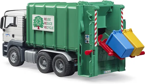 Vista 6 de Bruder 03763 Man TGS - Camión de basura con carga trasera, verde, escala 1:16