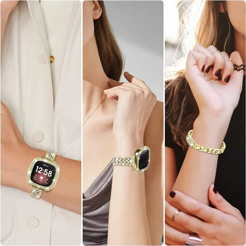 Vista 4 de Correa de reloj brillante compatible con Fitbit Versa 3/Fitbit Sense para mujer, correa ajustable de aleación de cristal con diamantes de imitación