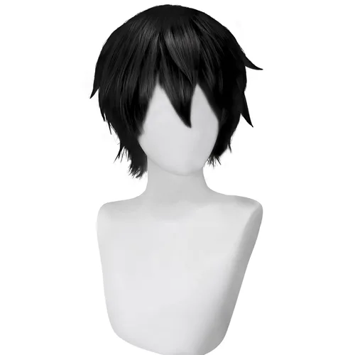 Vista 2 de Fenspeed Peluca negra para hombres y mujeres, peluca corta negra para hombre, peluca de cosplay en capas, peluca negra esponjosa para fiesta