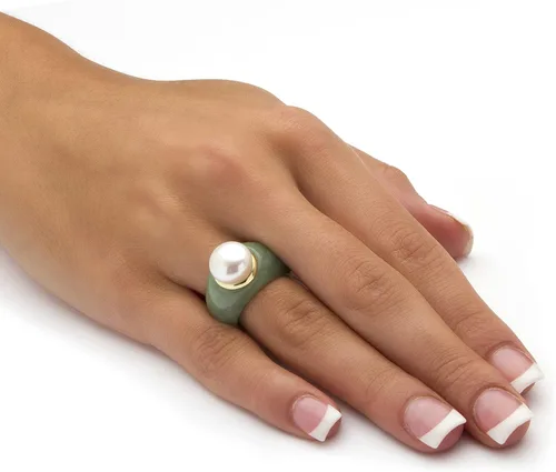 Vista 3 de Anillo redondo de oro amarillo de 10 quilates con perlas cultivadas de agua dulce (0.433 in) y jade verde