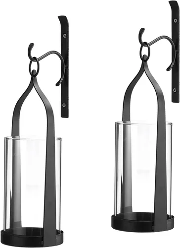 Vista 10 de Aplique colgante de pared medieval moderno montado en la pared, portavelas de huracán de vidrio y metal, decoración de pared hecha a mano, negro