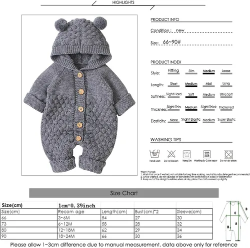 Vista 7 de Camidy Enterizo de punto para bebé niño y niña, sudadera con capucha para bebé, overol de una sola pieza, ropa exterior