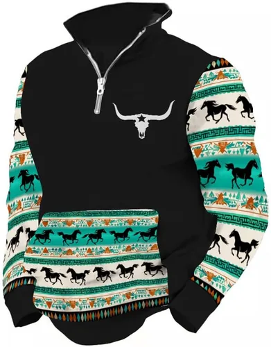 Vista 11 de LOAIHA Native American - Sudadera con capucha para hombre, manga larga, cremallera de 1/4, chaqueta vaquera