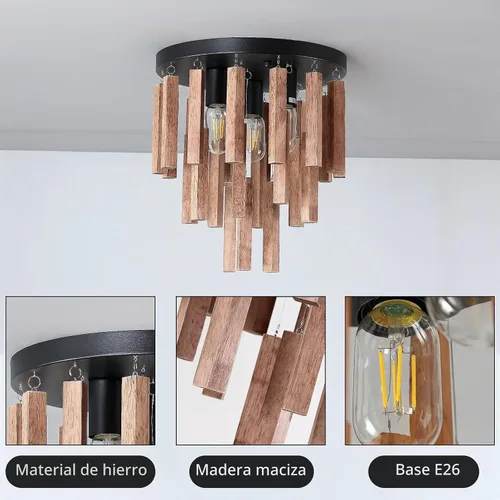 Vista 6 de Lámparas de techo semiempotradas de 3 luces, lámpara de madera bohemia, lámpara de techo de roble y negro con E26 para cocina, sala de estar