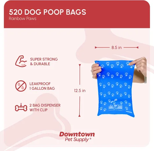 Vista 2 de Downtown Pet Supply Bolsas para excrementos con estampado de huellas de arcoíris (520 CT y 2 dispensadores), a prueba de fugas, sin perfume, se