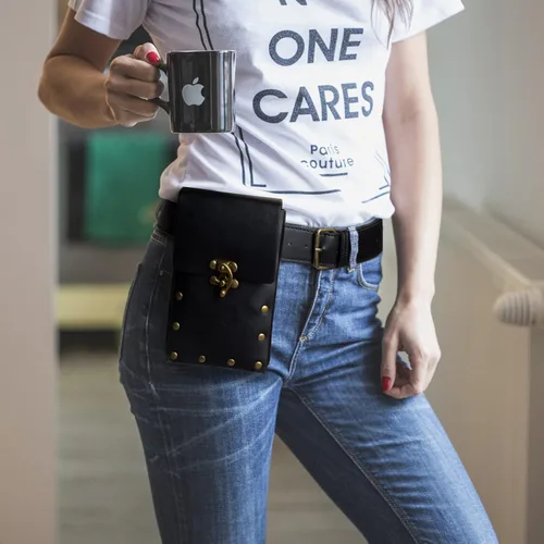 Vista 7 de Riñonera retro para mujer, riñonera para teléfono celular, steampunk, medieval, renacentista, accesorios de disfraz, Negro