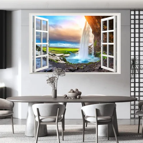 Vista 5 de Calcomanías de pared falsas 3D de cascada de bosque, mural de montaña natural, calcomanías de pared para sala de estar, dormitorio, comedor