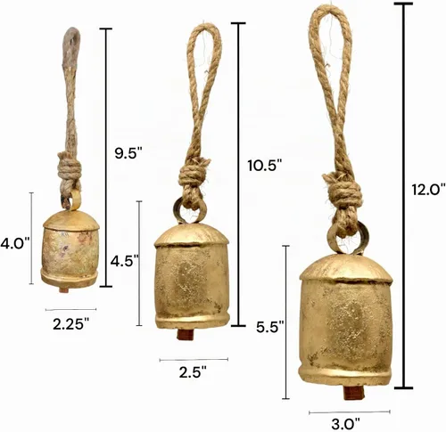 Vista 6 de Campanas de Navidad, campanas colgantes doradas para decoración de Navidad, campanas de vaca, decoración navideña para manto, juego de 3 campanas