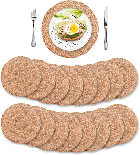 Vista 14 de Eco Crave - Juego de 2 manteles individuales redondos tejidos de yute, natural, 33 cm, estilo boho, rústico, de granja, tejido a mano