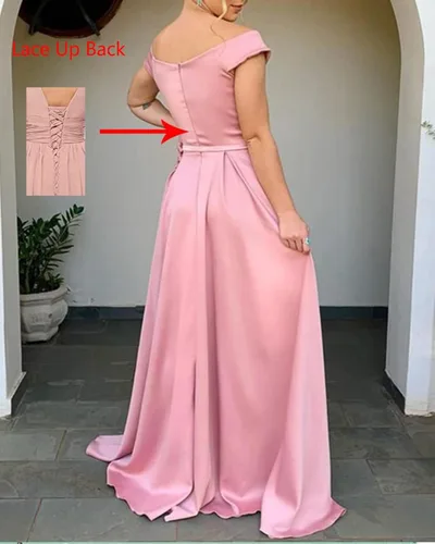 Vista 2 de Pahelyin Vestidos de graduación con hombros descubiertos, vestidos de fiesta formales de satén con abertura larga para mujer, vestidos de fiesta