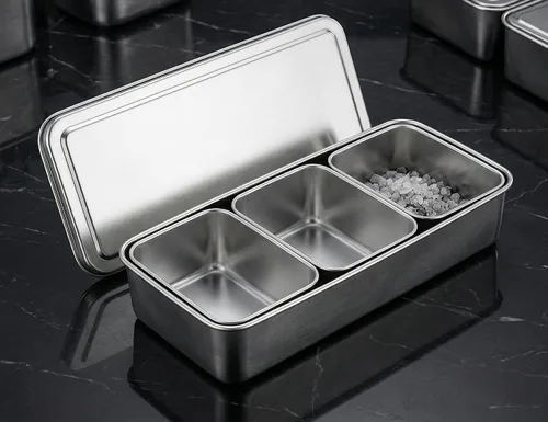 Vista 2 de Caja de condimentos de acero inoxidable con 3 compartimentos con tapa, organizador rectangular de condimentos para especias, coberturas, 13 x 5.5 x