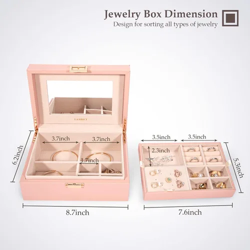 Vista 6 de LANDICI Organizador de joyas para mujeres y adolescentes, estuche grande de almacenamiento de joyas con espejo y bandeja extraíble de 2 capas