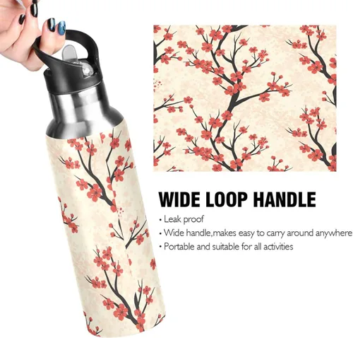 Vista 4 de Insulated Water Bottle 32 Oz, BPA-Free Sports Water Bottle with Straw for Gym Outdoor Travel School, Red Cherry Blossoms Dots