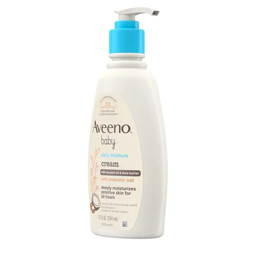 Vista 5 de Aveeno Baby Crema hidratante diaria con avena prebiótica, loción hipoalergénica para bebés con aceite de coco y manteca de karité hidrata la piel