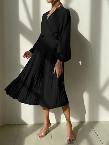 Vista 4 de PRETTYGARDEN Vestido Midi de Primavera para Mujer con Manga Larga Abombada, Cuello en V Envolvente, Fluido, con Volantes Plisados, Vestidos Casuales