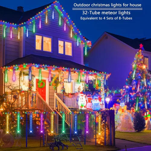 Vista 2 de Decoración de Navidad al aire libre, 32 tubos de luces de lluvia de meteoritos para exteriores e interiores, luces en cascada de carámbano de nieve