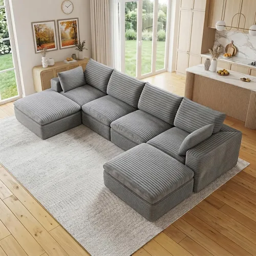 Vista 45 de 118" Cloud Couch Oversized Modular Sectional Sofa, Boneless L-Shaped 6 Seater Deep Seat Couch with Ottoman, Soft Corduroy Upholstery, DIY Negro