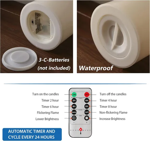 Vista 5 de Velas grandes sin llama XL para exteriores de 6.45" x 11" con control remoto. Impermeables y resistentes a la lluvia, LED que funcionan
