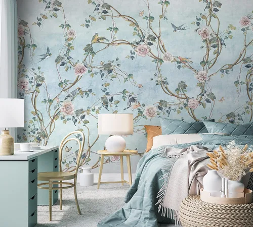 Vista 2 de Murwall Papel pintado Chinoiserie - Mural de pared con diseño de flores de peonía (STYLE1)