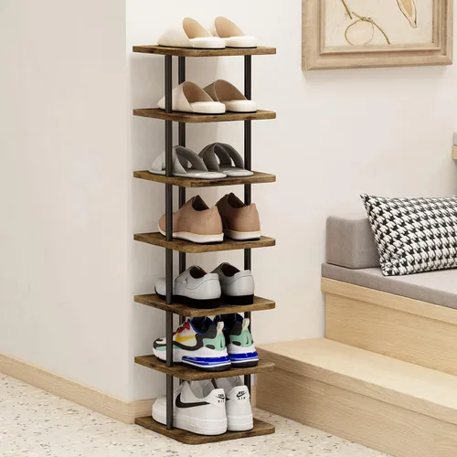 Vista 4 de AZERPIAN Zapatero de 7 niveles, organizador de almacenamiento vertical estrecho de metal delgado moderno, torre de zapatos de pie que ahorra espacio