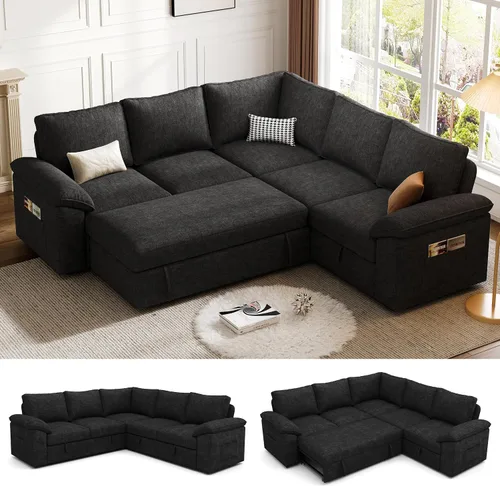 Vista 11 de Sofá Seccional Modular de 85 Pulgadas con Cama Extraíble, Sofá Cama Seccional en Forma de L de 5 Asientos con Almacenamiento, Sofás Seccionales