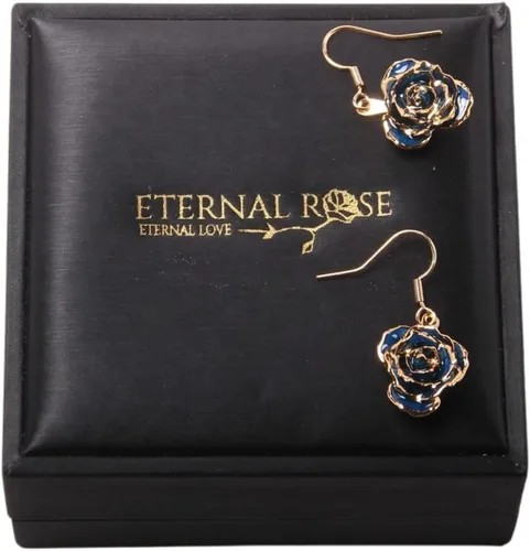 Vista 7 de Eternal Rose Pendientes colgantes de oro de 24 quilates con flor de rosa real para mujer Azul terciopelo
