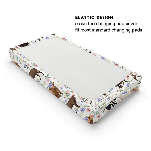Vista 3 de Farm Cows - Funda para cambiador, diseño floral, bohemio, vacas, yak, ganado, flores, cambiador, para niños y niñas, animales de granja, suave