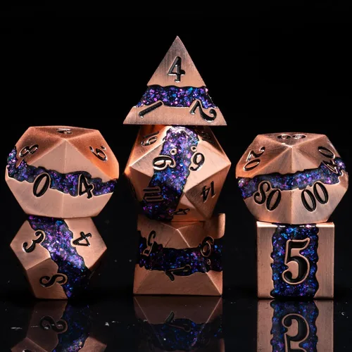 Vista 14 de Dados poliédricos DND de metal, juego de dados metálicos con purpurina a rayas grandes, juego de 7 dados plateados antiguos para juegos de rol