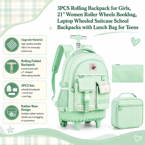 Vista 6 de Mochila con ruedas para mujer, bolsa de libros con ruedas, mochila escolar Juego de 3 piezas verde
