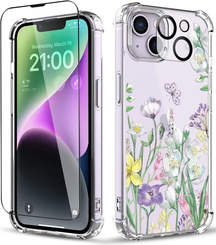 Vista 13 de Funda para iPhone 14, [3 en 1] con protector de pantalla y protector de lente de cámara, diseño de patrón de flores, transparente, suave, a prueba