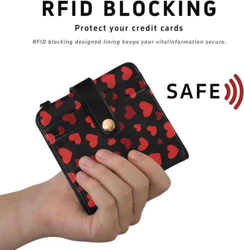Vista 4 de Red Heart Black - Cartera para mujer, con bloqueo RFID, pequeña, delgada, tarjetero, plegable, compacta, de piel sintética, con bolsillo
