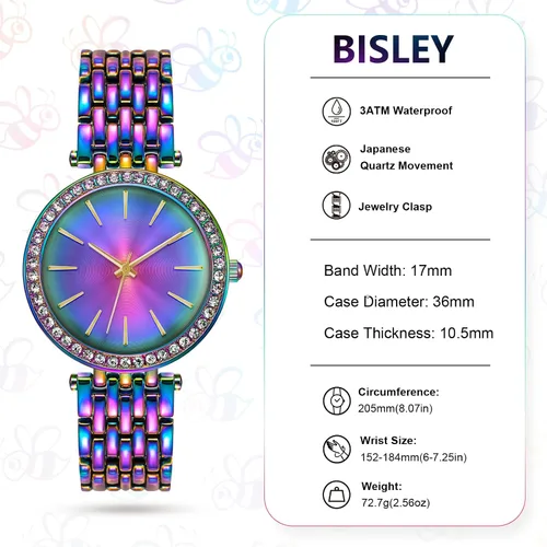 Vista 4 de Bisley Reloj de 1.417 in para mujer, bandas de metal, fácil de leer, esfera de moda, impermeable, analógico