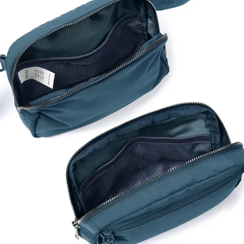 Vista 4 de ODODOS Mini bolsa cruzada unisex con correa ajustable, bolsa de hombro pequeña para entrenamiento, correr, viajar, senderismo, Azul Patchwork