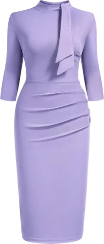 Vista 5 de Miusol - Vestido entallado de cóctel, plisado, estilo retro, cuello medio.