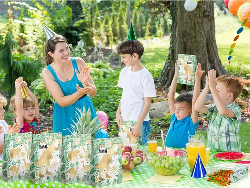 Vista 8 de HaPiBiDesign 24 bolsas de regalo de dinosaurio dorado con calcomanías, bolsas de caramelos de dinosaurio, bolsas de regalo para suministros