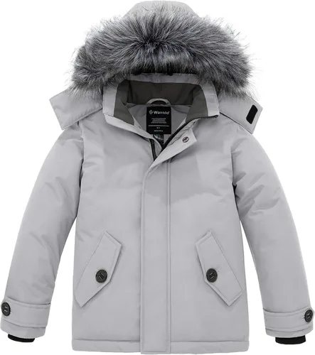 Vista 8 de wantdo - Chaqueta de invierno con capucha para niños, impermeable, acolchada, con forro polar, parka Negro