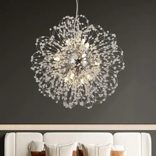 Vista 9 de Candelabros de cristal de fuegos artificiales, moderna lámpara de diente de león cromada, lámpara colgante Sputnik de 8 luces para dormitorio, isla