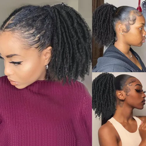 Vista 8 de Extensiones de cola de caballo de rastas para mujer, cola de caballo con cordón negro con extremos rizados, rastas sintéticas de diosa, extensiones
