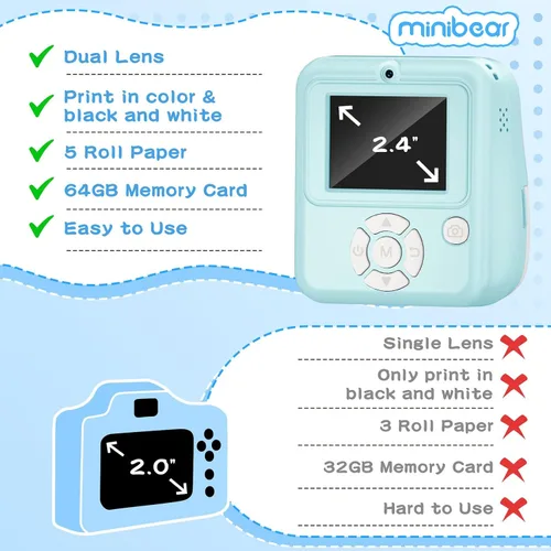 Vista 6 de Cámara para Niños con Impresión Instantánea de Fotos a Color, Cámara de Impresión Instantánea de Doble Lente para Niños, Juguete de Cámara Digital