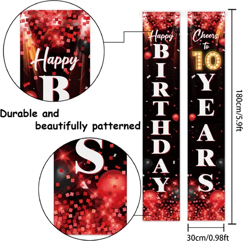 Vista 2 de Letrero de feliz cumpleaños número 10 para puerta, color rojo y negro, decoración temática de fiesta de cumpleaños con purpurina para niños y niñas