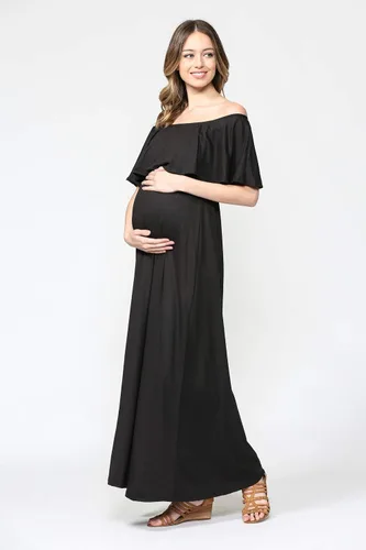 Vista 5 de Vestido de maternidad con hombros descubiertos, vestido largo para mujeres embarazadas, para fiestas de recién nacidos, o sesiones de fotos