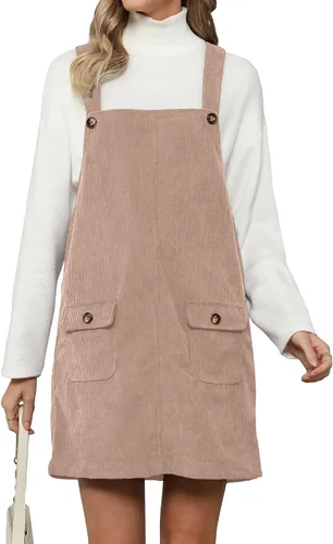 Vista 33 de luvamia Vestido de pana para mujer, tirantes ajustables, casual, a la moda, overoles cortos con bolsillos