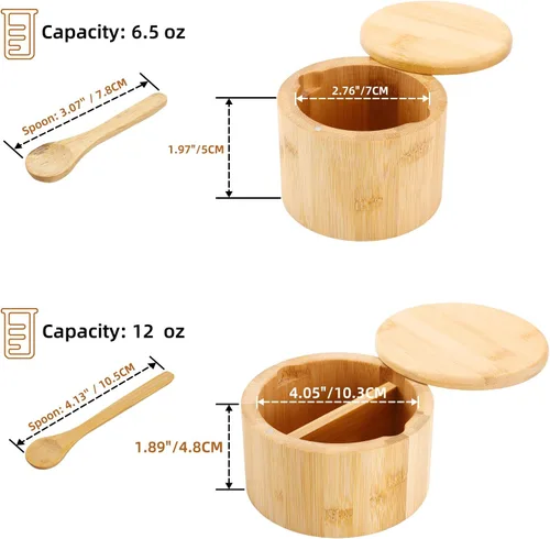 Vista 2 de Cuenco de bambú natural para sal y pimienta, bodega de sal de bambú y caja de almacenamiento de especias con cuchara integrada y tapa giratoria
