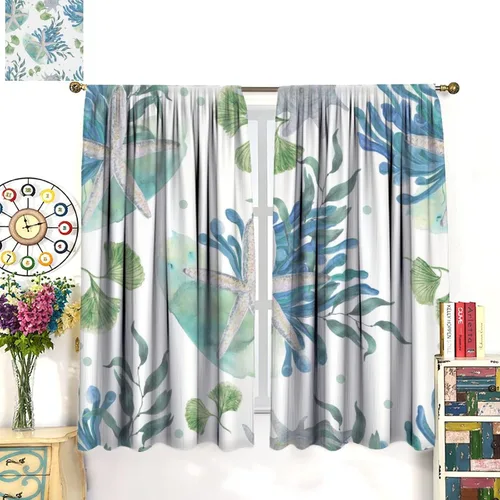 Vista 17 de Cortinas de decoración de playa con océano azul, peces náuticos costeros playeros de verano, conchas marinas, temática infantil, dormitorio, sala