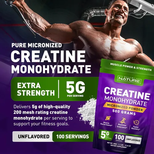 Vista 2 de Monohidrato de creatina en polvo, sin sabor, para hombres y mujeres, 17.64 oz micronizado, monohidrato puro, fuerza muscular y rendimiento