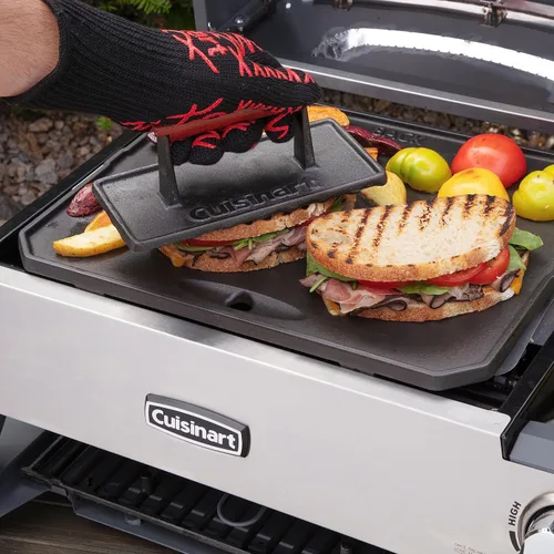 Vista 8 de Cuisinart - Prensa de parrilla de hierro fundido con mango de madera, prensa de hamburguesa rectangular antiadherente de alta resistencia con mango